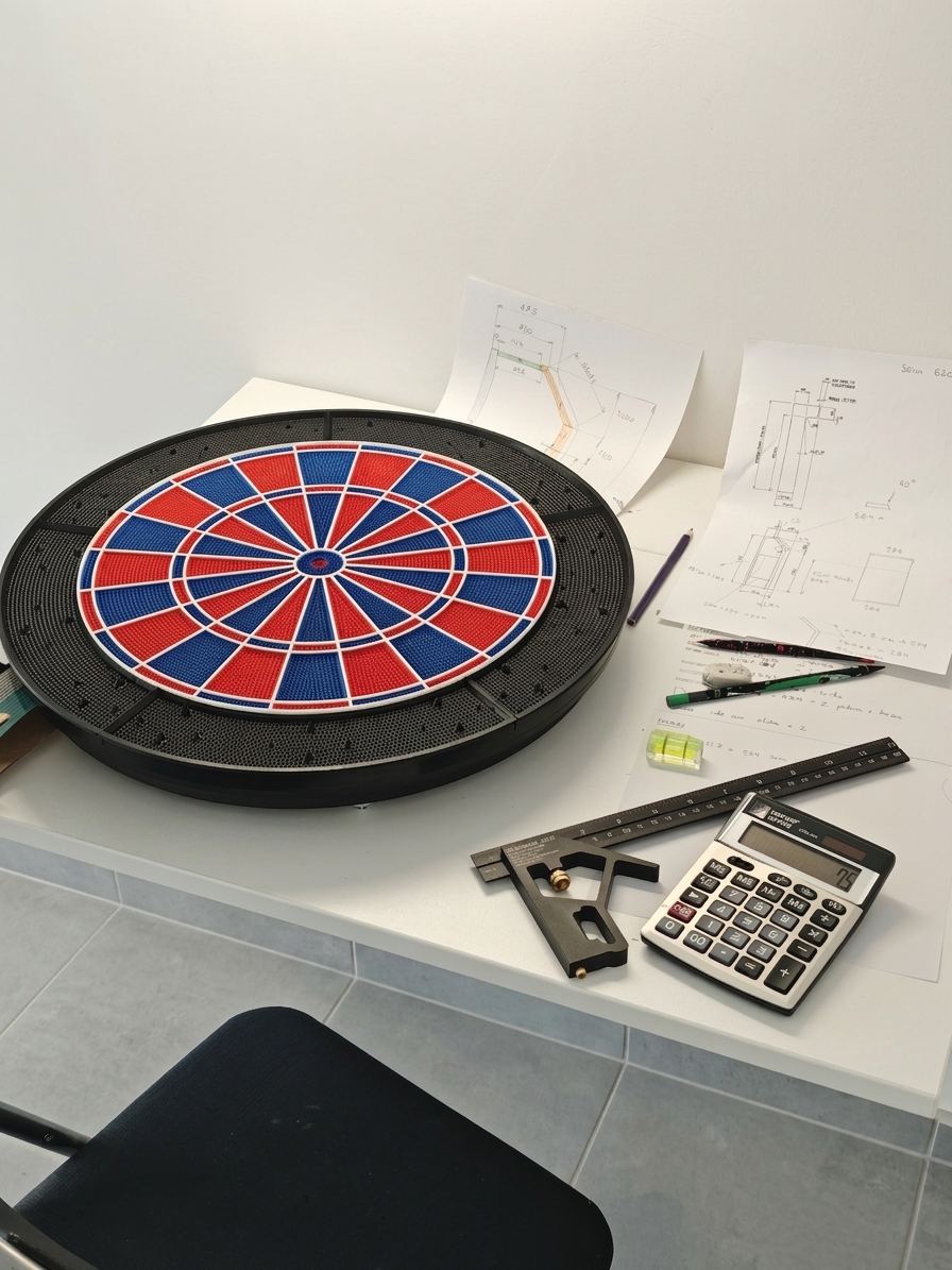 Soft-tip dartboard on the garage desk beside hand-drawn cabinet blueprints, a set square, ruler and calculator