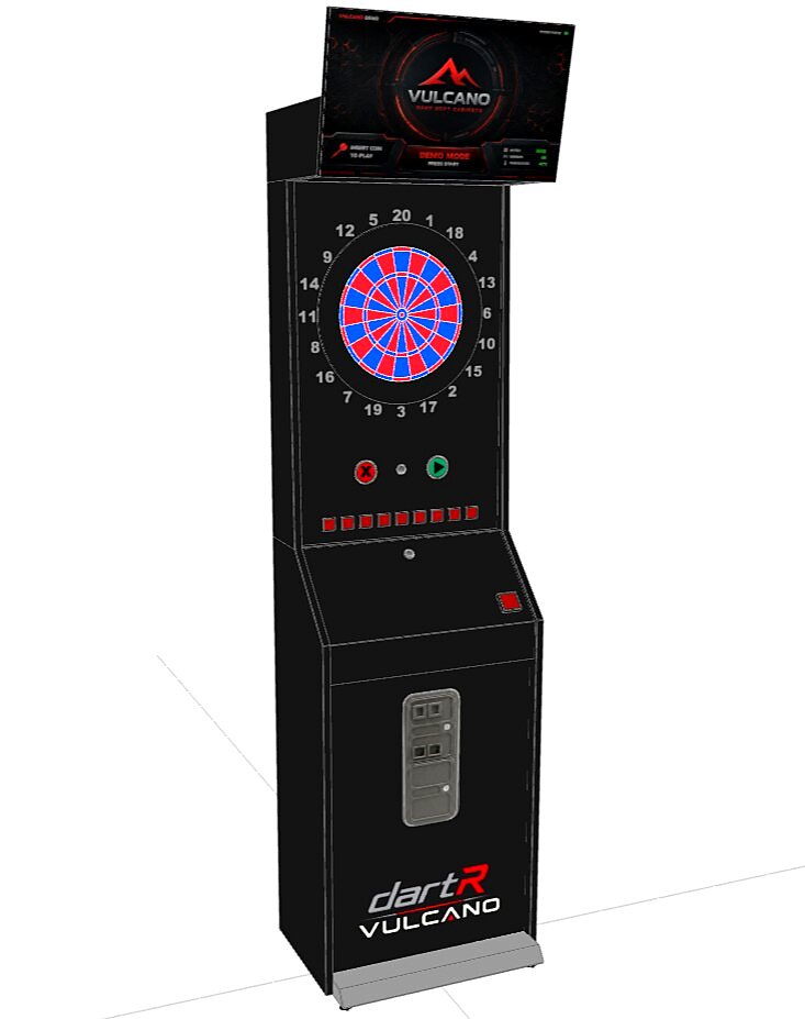 3D render of the dartR Vulcano cabinet: a tall black arcade-style soft-tip dartboard machine with an illuminated top marquee, start/select buttons and a lower coin door