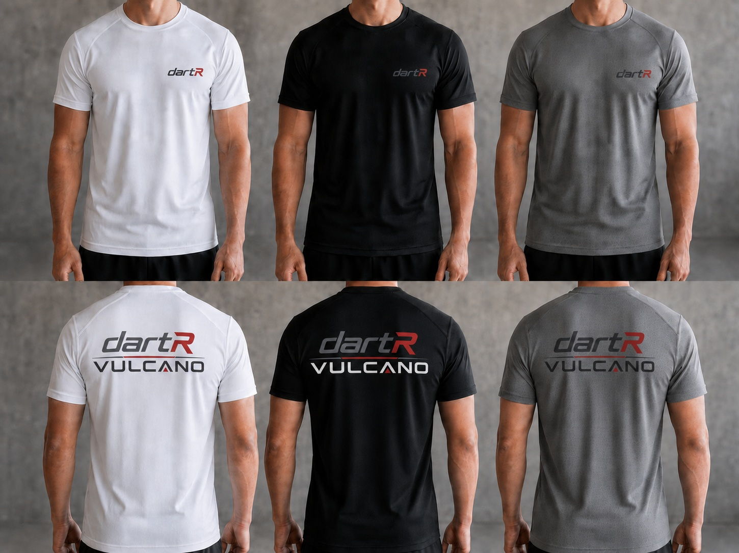 Six dartR t-shirt mockups in white, black and grey: top row shows the small dartR chest logo, bottom row the backs with the dartR VULCANO print