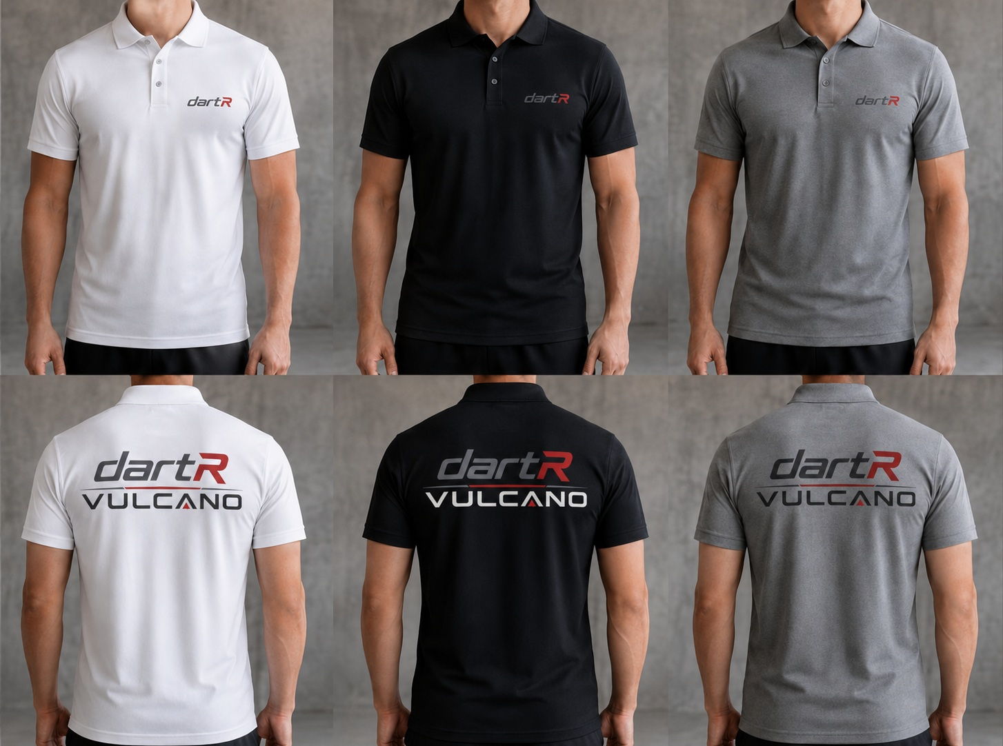 Six dartR polo shirt mockups in white, black and grey: top row shows the small dartR chest logo, bottom row the backs with the dartR VULCANO print