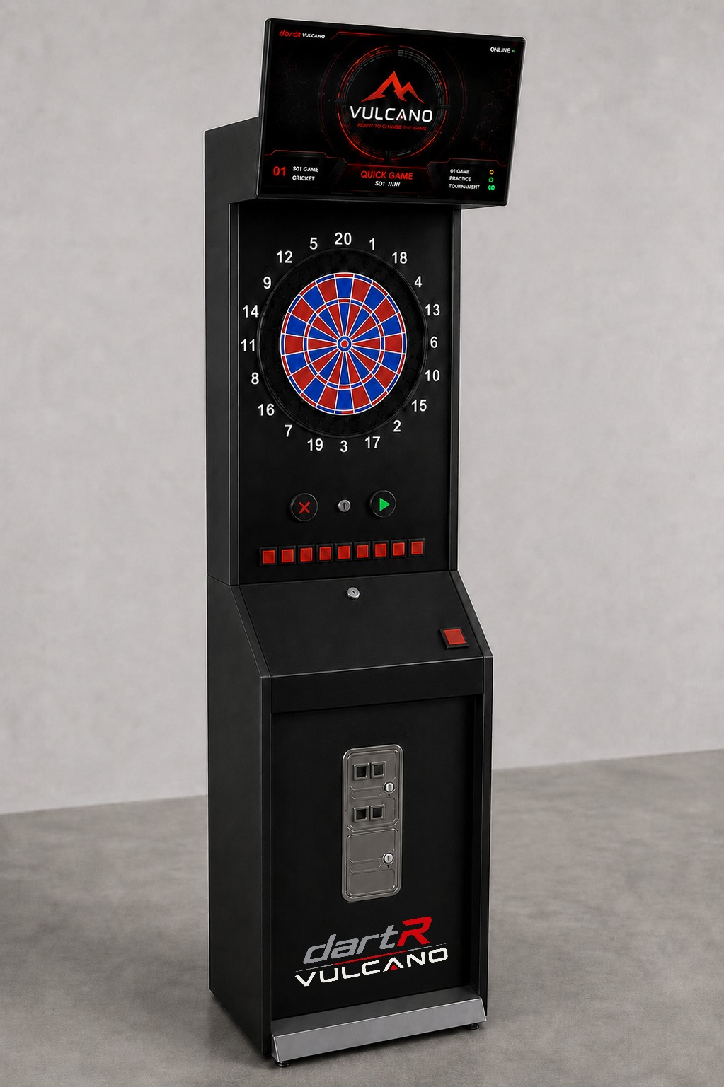 Realistic prototype visualization of the black dartR Vulcano cabinet with a soft-tip dartboard, control panel, coin door and top display