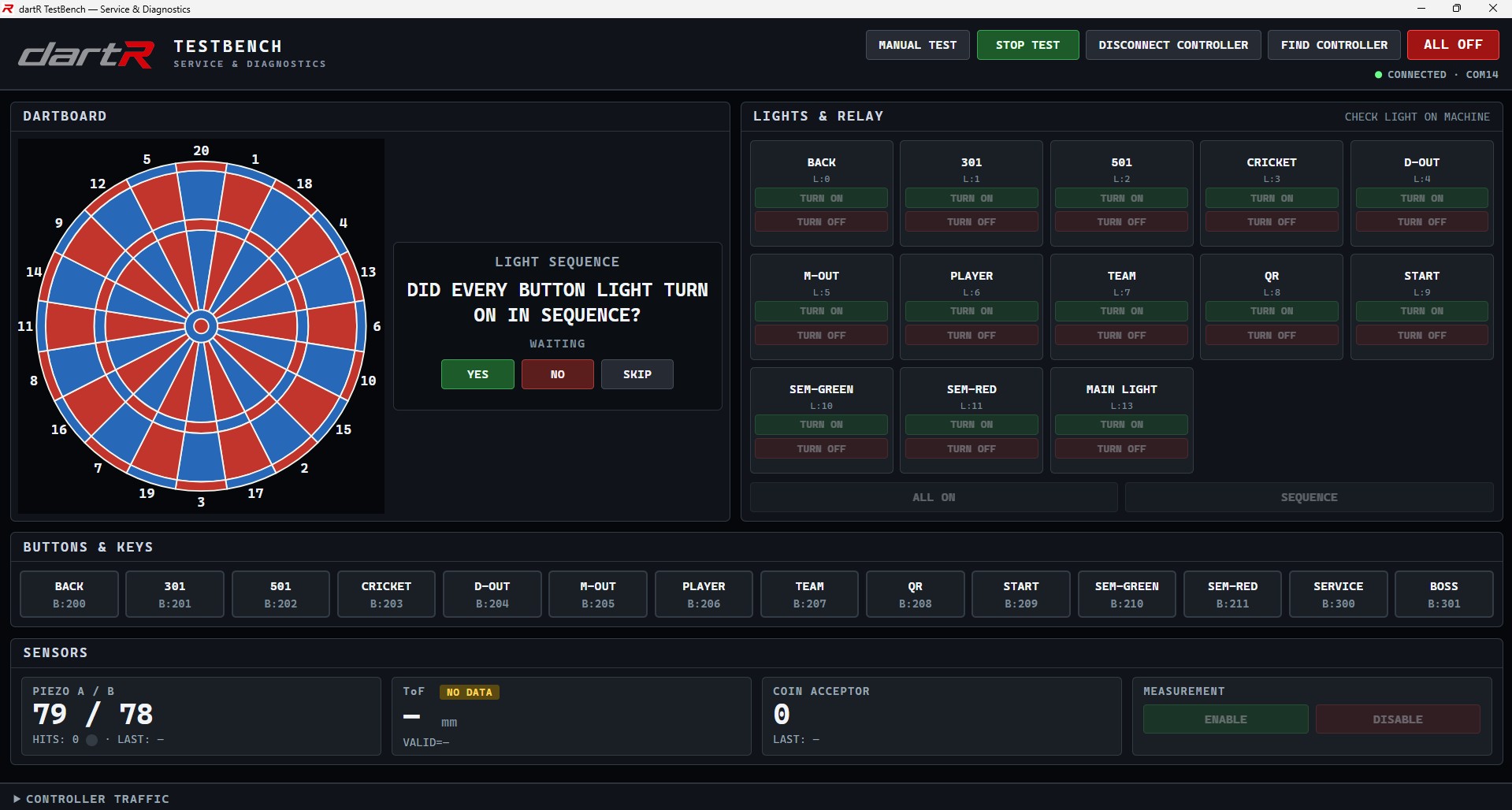 dartR TestBench automatic test running the light sequence check
