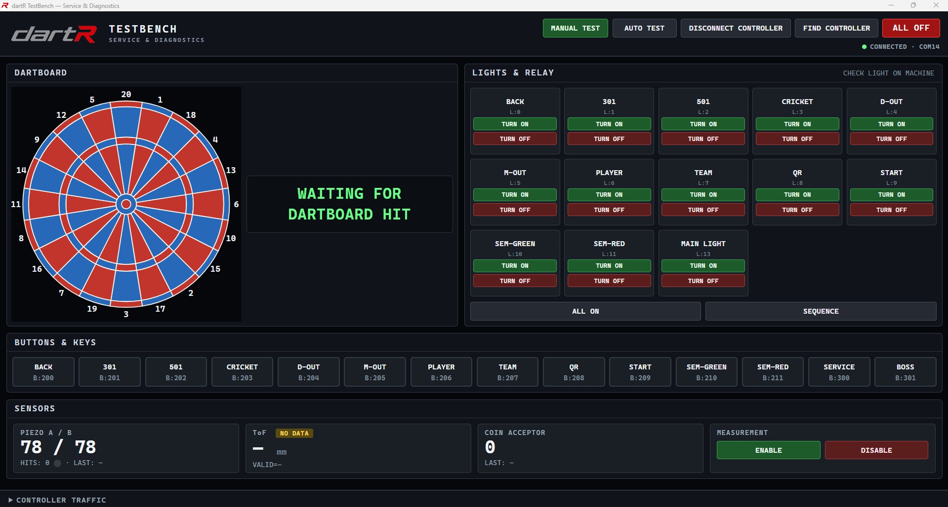 dartR TestBench manual test view with dartboard map, lights and relay controls