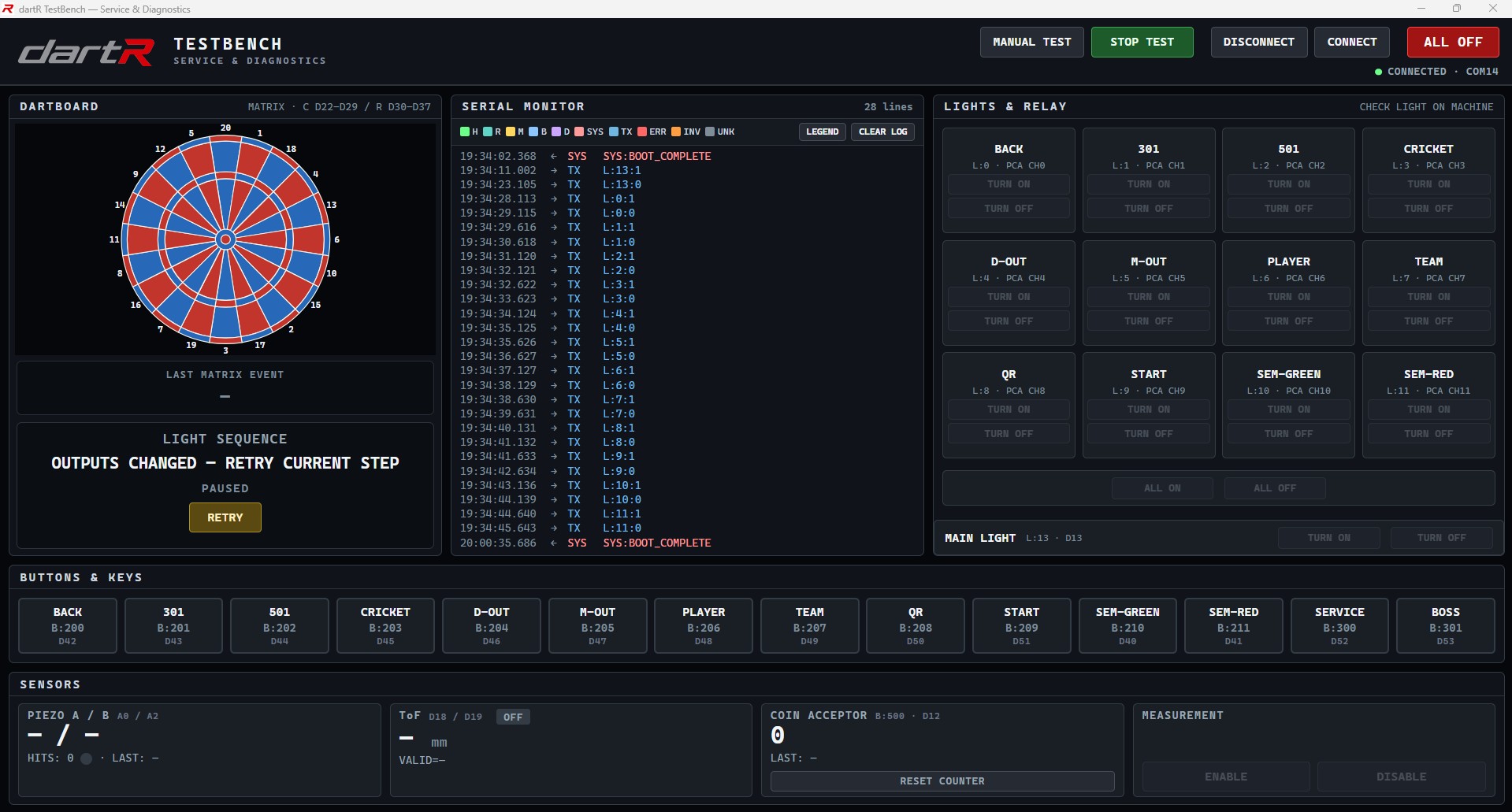 dartR TestBench light sequence step paused with an outputs changed retry prompt